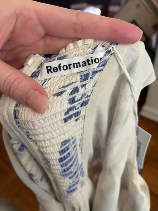 Reformation Cream Maxi Dress with Blue Floral Print and Tie Shoulders - Picture 9 of 14